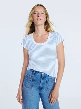 Free Assembly Short Sleeve Ocean Blue Striped Ribbed Shirt Basic Medium